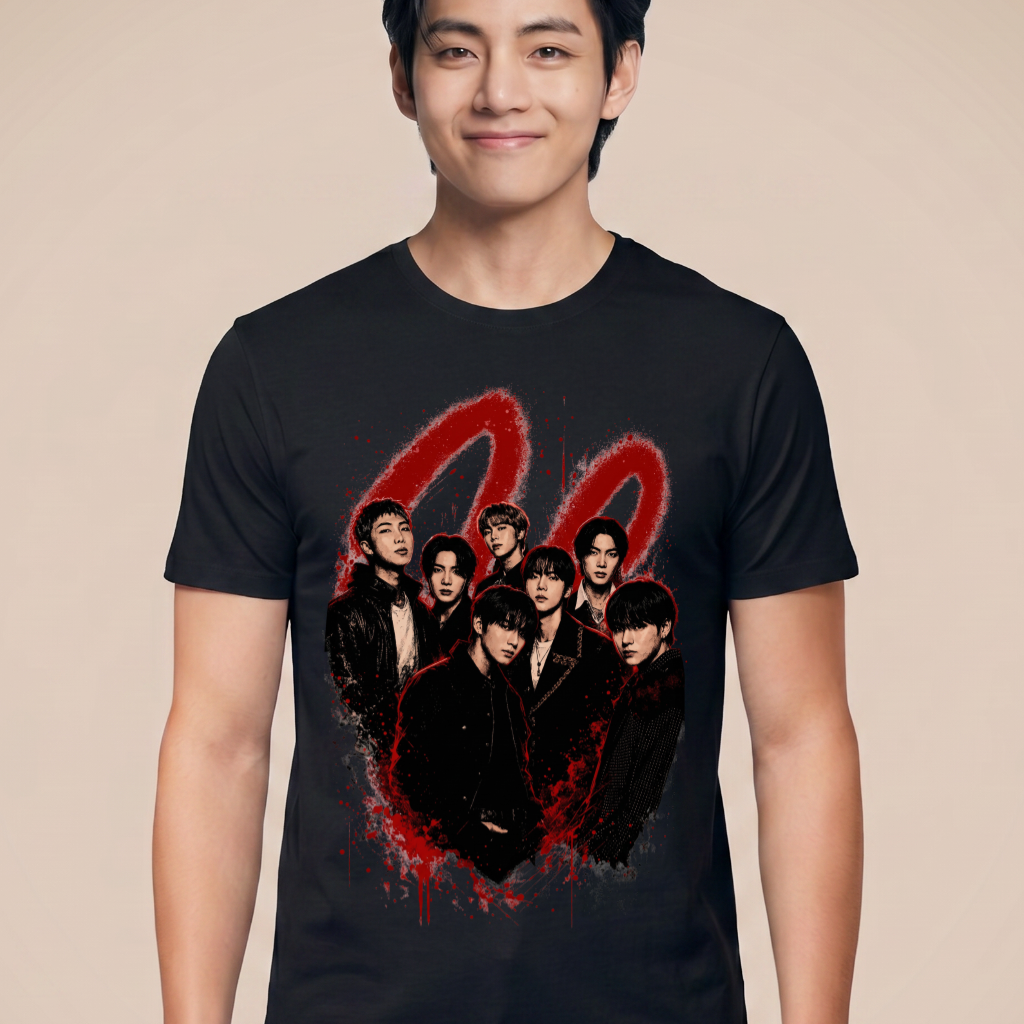 Camiseta BTS Grupo Vermelho - Preta (V)