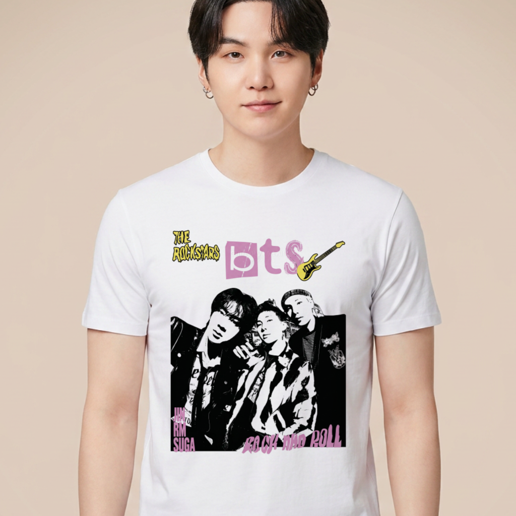 Camiseta BTS The Rockstars Rock and Roll - Branca (Suga)