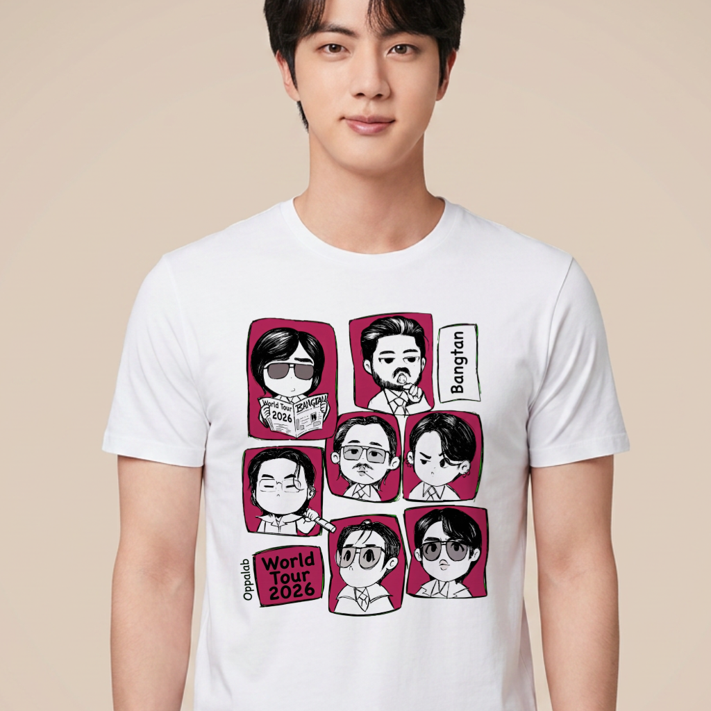 Camiseta BTS World Tour 2026 Cartoon - Branca (Jin)