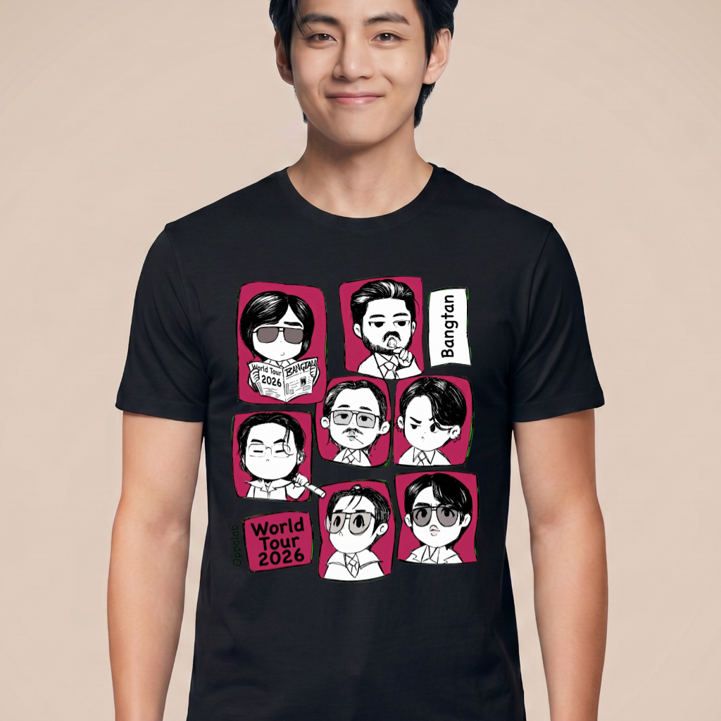 Camiseta BTS World Tour 2026 Cartoon - Preta (V)