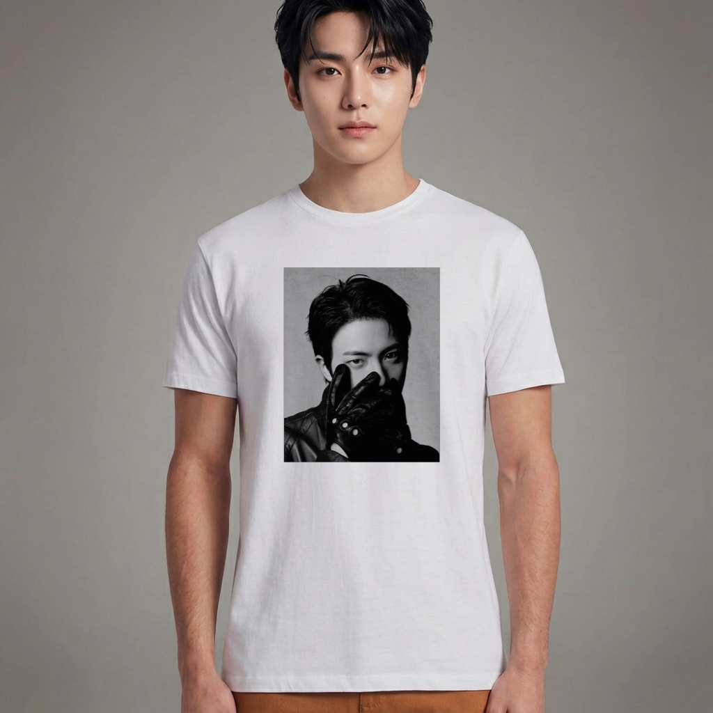 Camiseta Básica BTS Jin Photo B&W - Branca