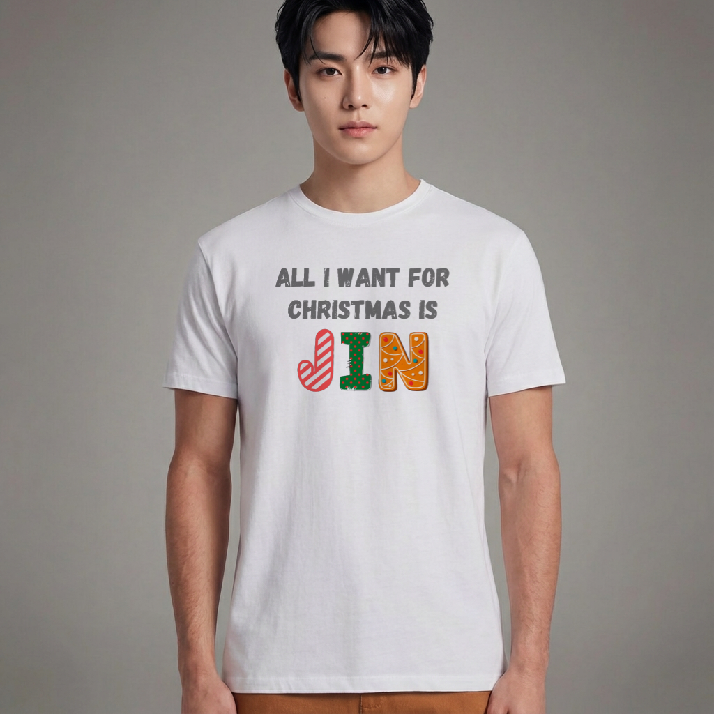 Camiseta Básica Christmas BTS All I Want For Christmas Is Jin - Branca