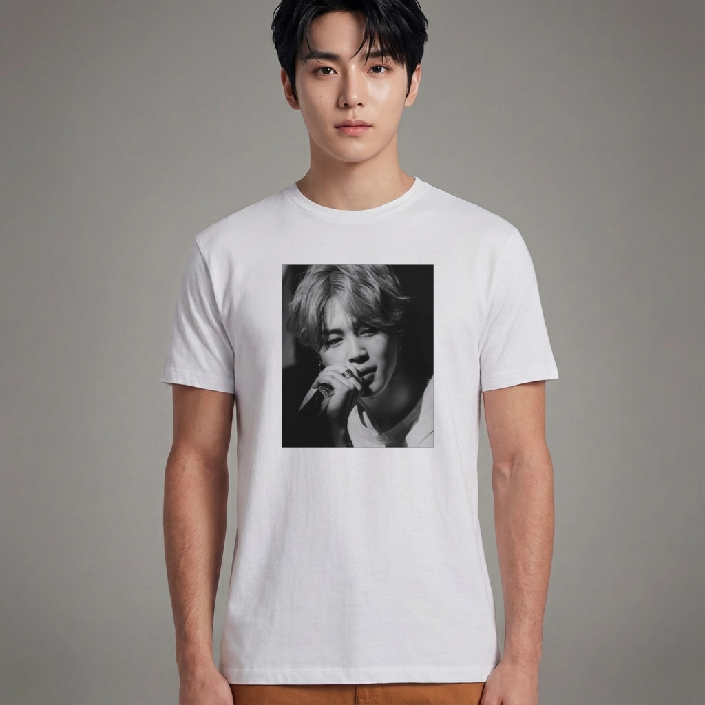 Camiseta Básica Jimin BTS Photo B&W - Branca
