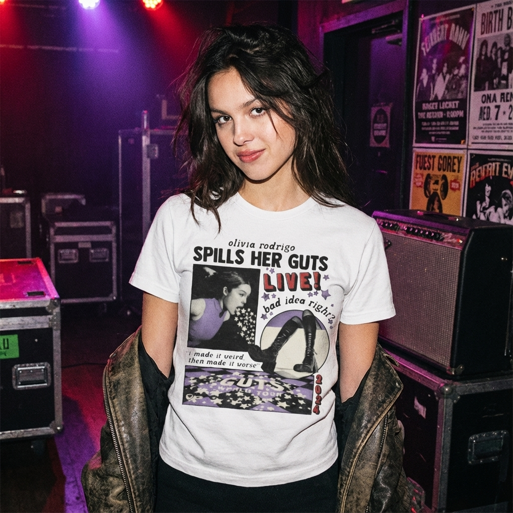 Camiseta Básica Olivia Rodrigo Spills Her Guts - Branca