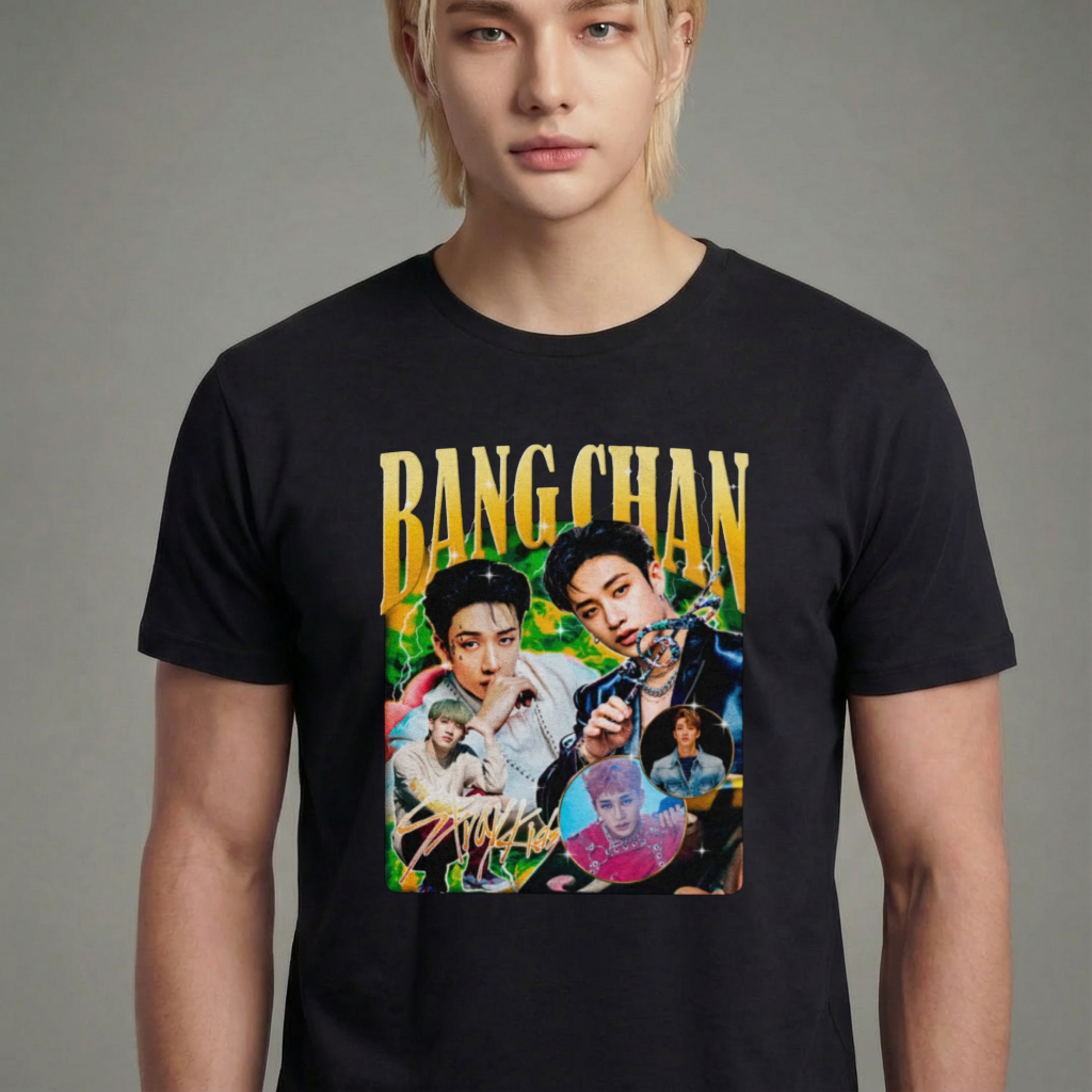 Camiseta camiseta-basica-stray-kids-bang-chan-retro - Preta