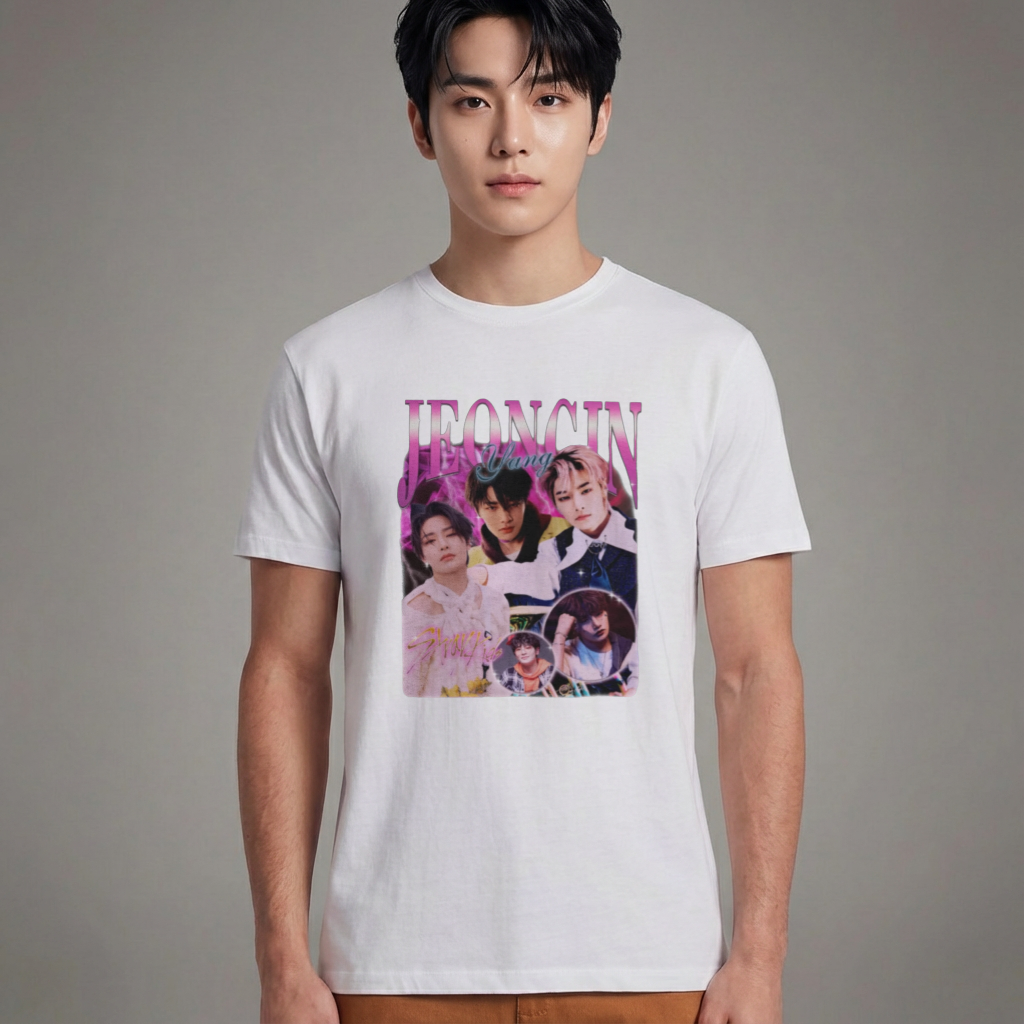 Camiseta Básica Stray Kids Jeongin Retro - Branca