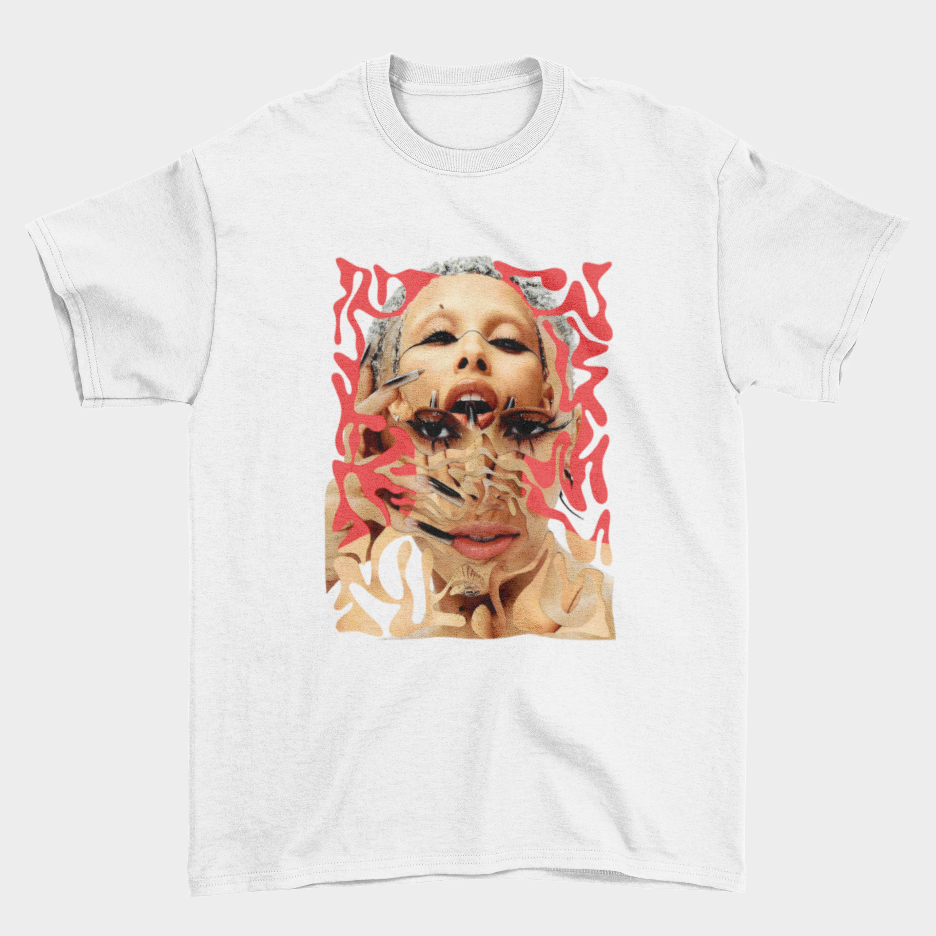 Camiseta Básica Doja Cat Rosto Psicodélico - Branco