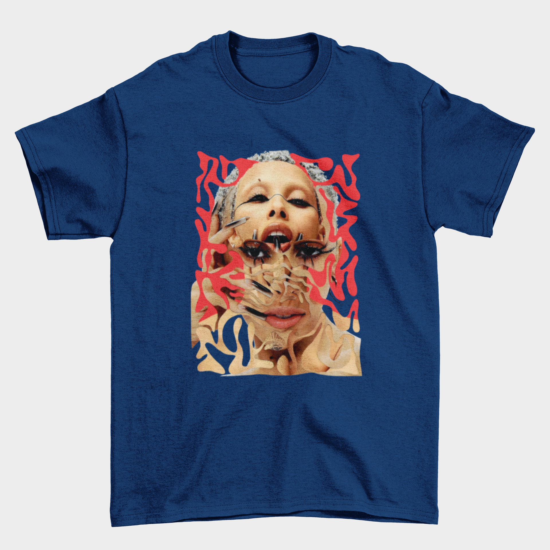 Camiseta Básica Doja Cat Rosto Psicodélico - Azul-marinho