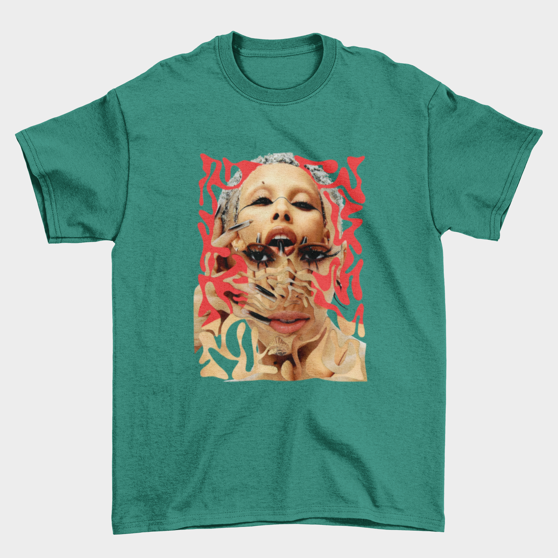 Camiseta Básica Doja Cat Rosto Psicodélico - Verde